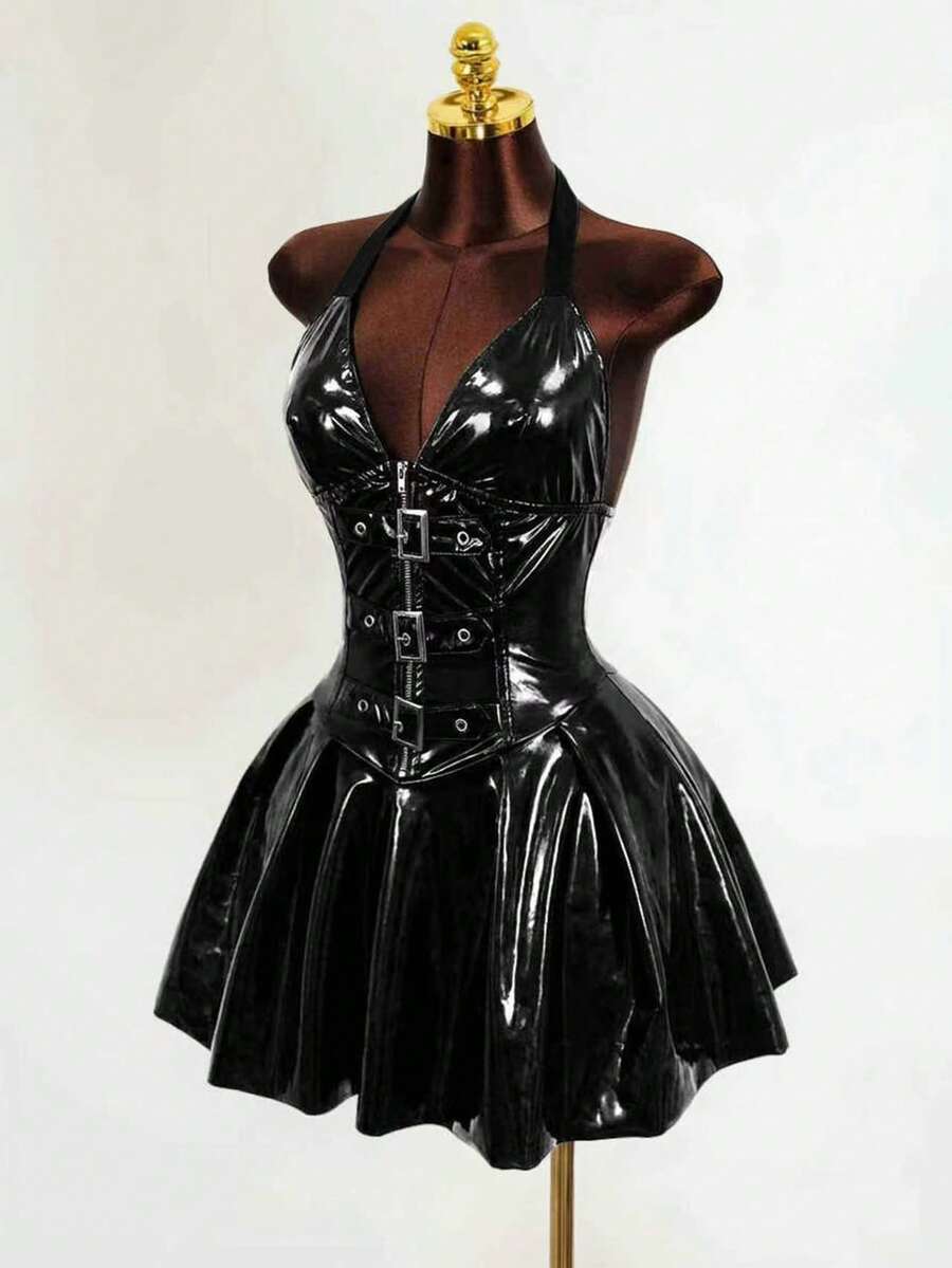 Women's black Goth PU leather mini dress featuring a backless halter neckline, cold shoulder detail, and flared hem.