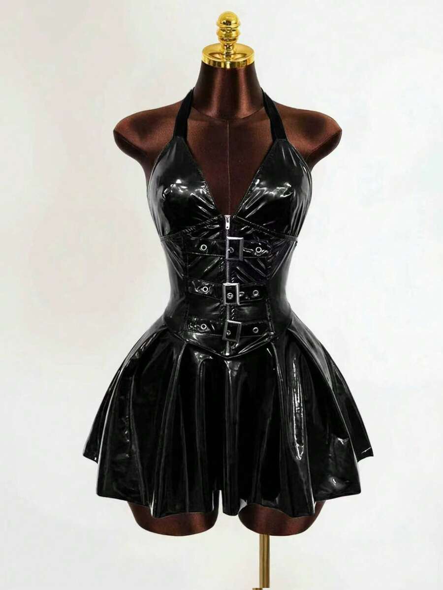Women's black Goth PU leather mini dress featuring a backless halter neckline, cold shoulder detail, and flared hem.