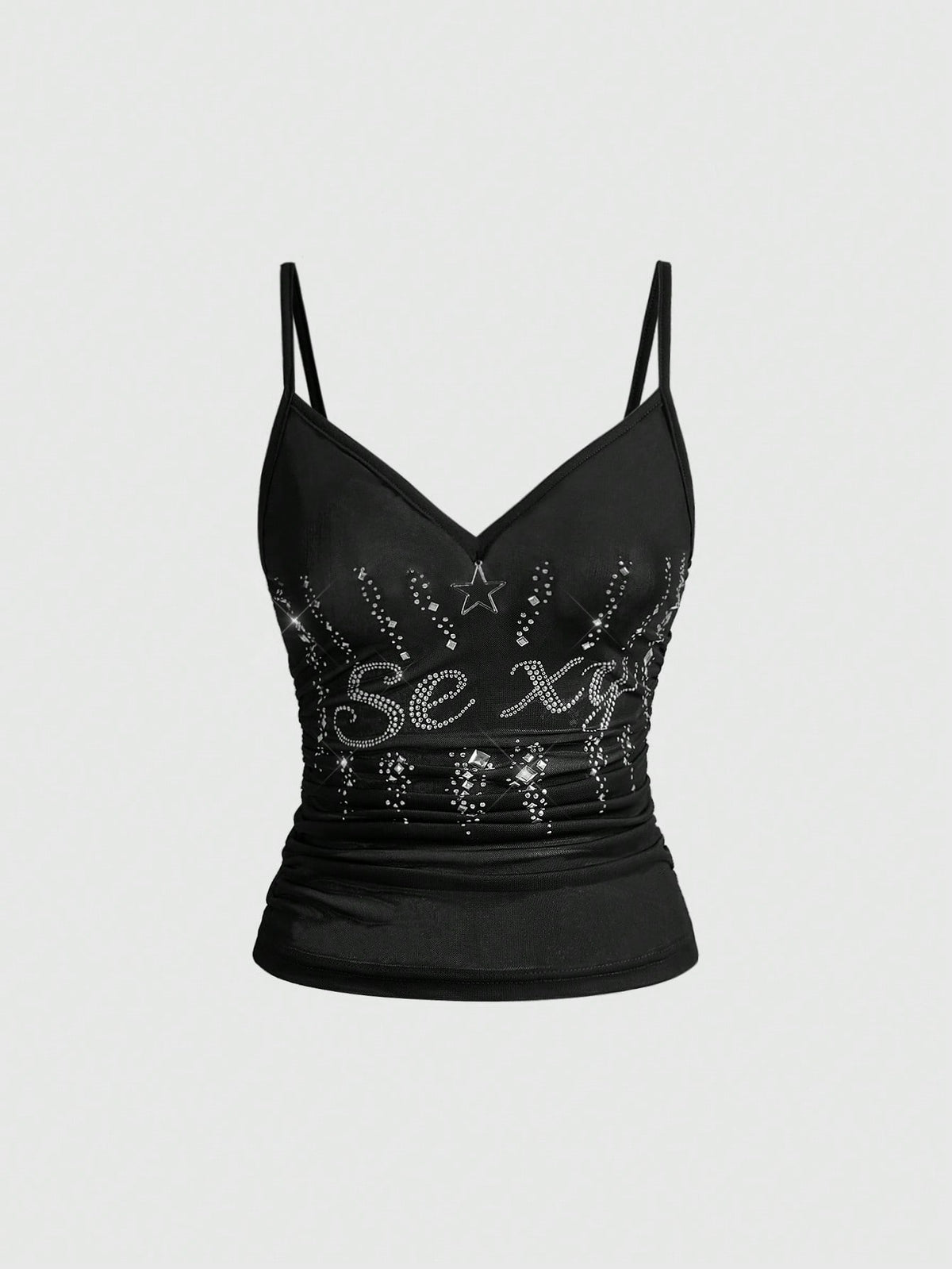 Women's black sheer mesh crop cami top with sparkling rhinestone embellishments, ruched detailing, and thin spaghetti straps.