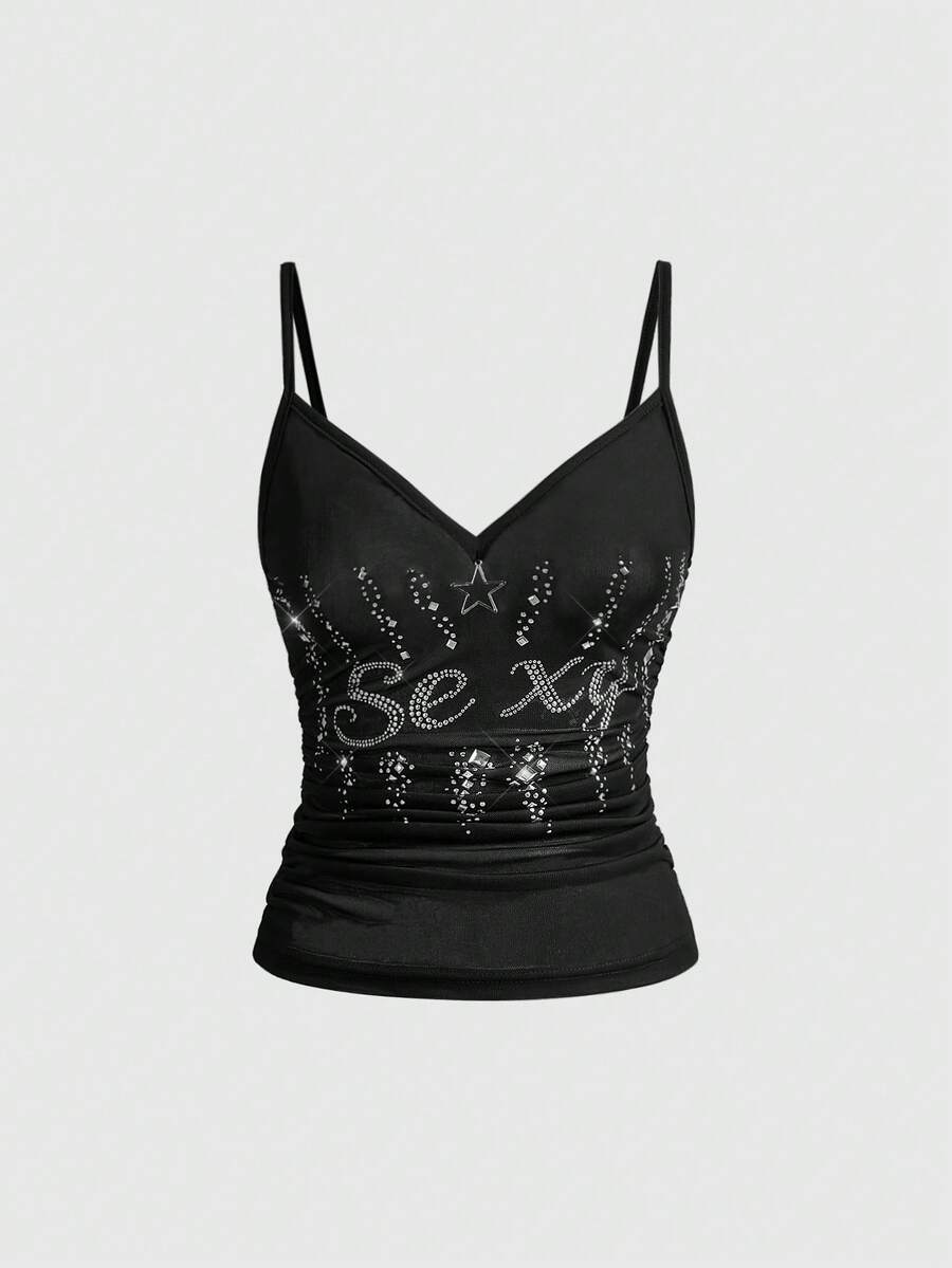 Women's black sheer mesh crop cami top with sparkling rhinestone embellishments, ruched detailing, and thin spaghetti straps.