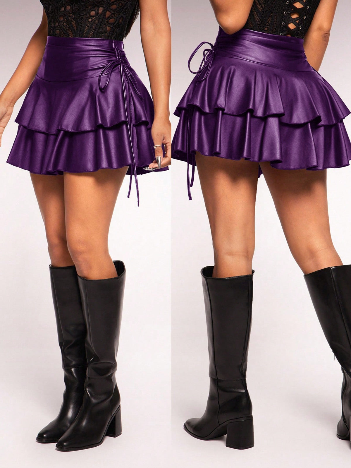 Women's black PU coated layered ruffle mini skirt featuring a high waist, tiered ruffle hem, and zipper detail.