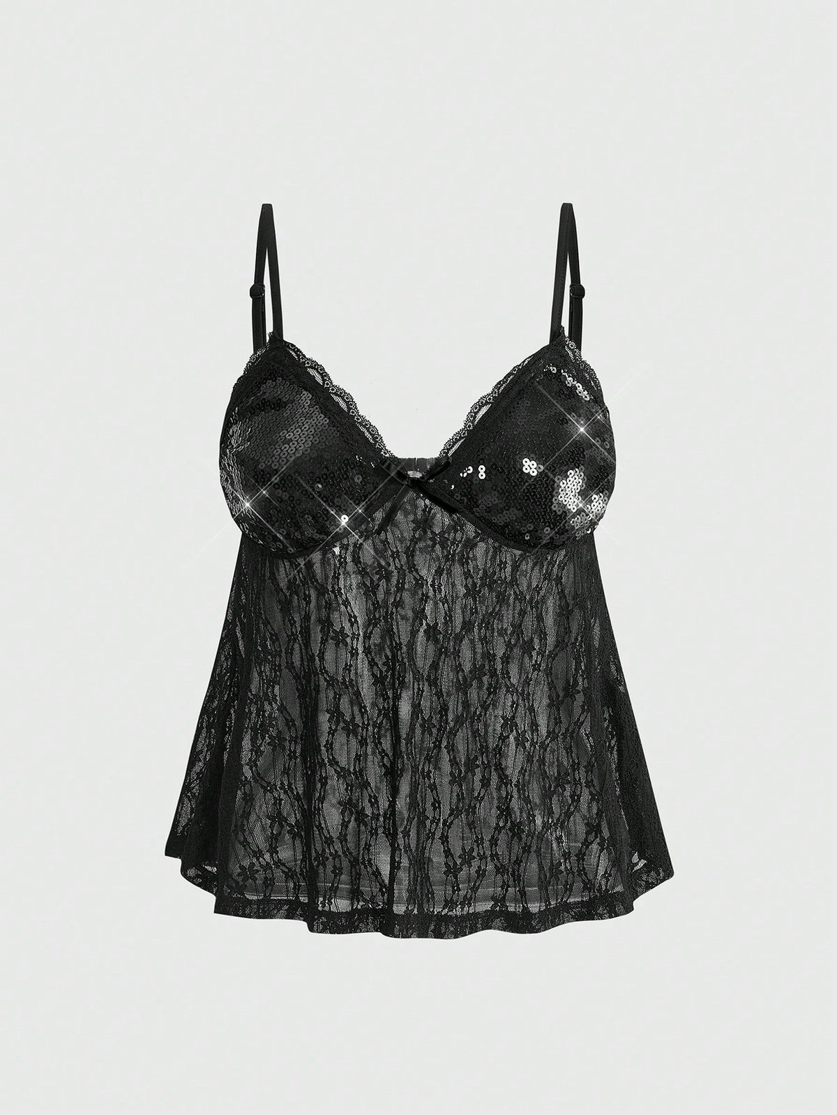 Women's black sequin contrast lace camisole top featuring a V-neck, backless spaghetti straps, and delicate bow knot detail.