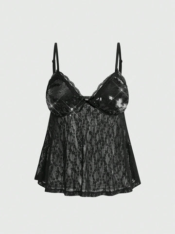 Women's black sequin contrast lace camisole top featuring a V-neck, backless spaghetti straps, and delicate bow knot detail.