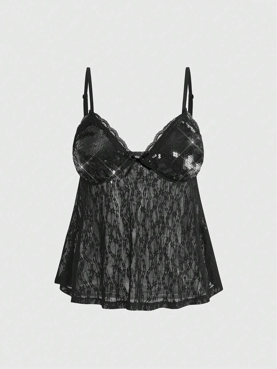 Women's black sequin contrast lace camisole top featuring a V-neck, backless spaghetti straps, and delicate bow knot detail.