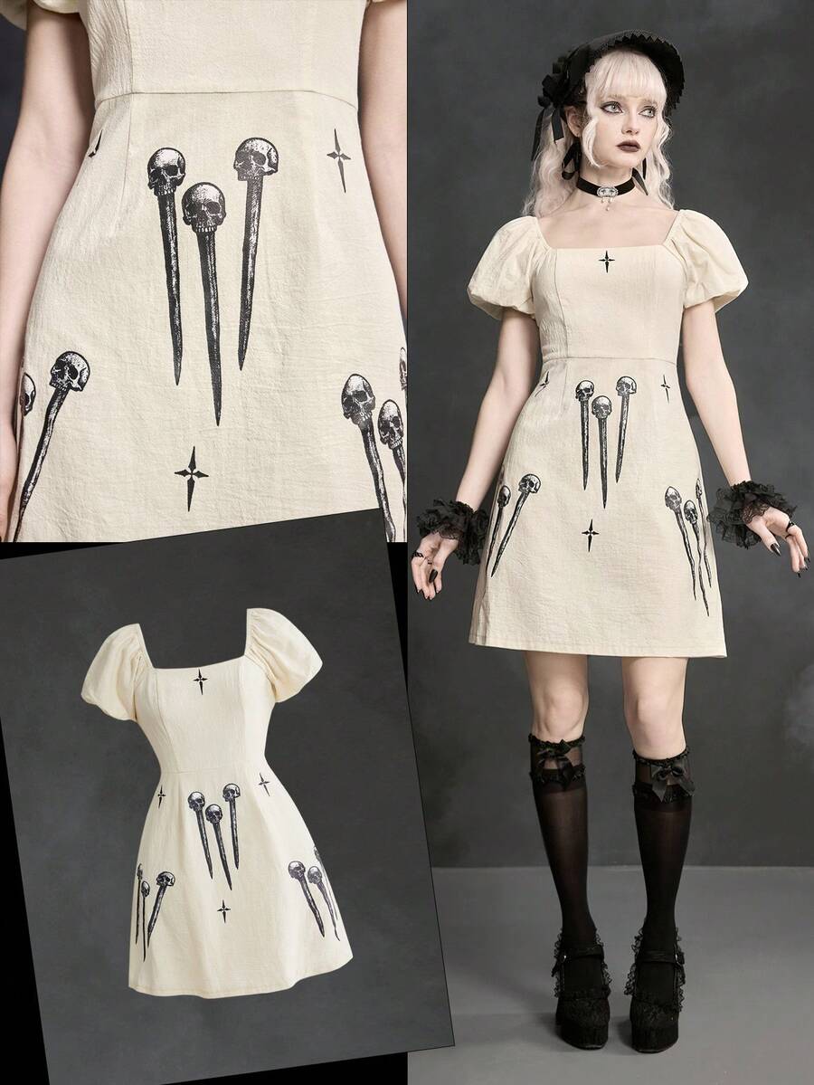 White Goth mini skater dress for women featuring dark skull graphic print, square neckline, short puff sleeves, and lace-up detail.