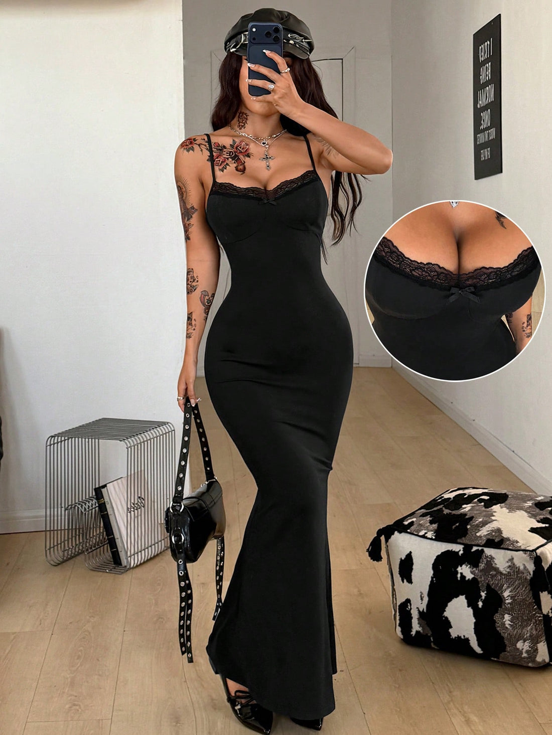 Black backless cami midi dress for women featuring spaghetti straps, slim fit mermaid silhouette, backless button detail, and high stretch knitted fabric.