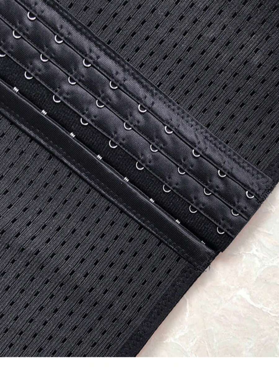 Black breathable women's waist shaping corset belt featuring 3 rows of hook closure and medium stretch knitted fabric.