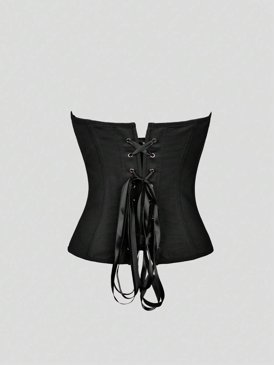Red strapless corset top with boning and lace-up back, slim fit cropped tube top for women.