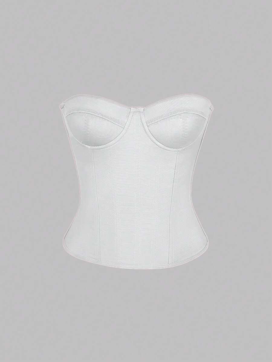 Red strapless corset top with boning and lace-up back, slim fit cropped tube top for women.