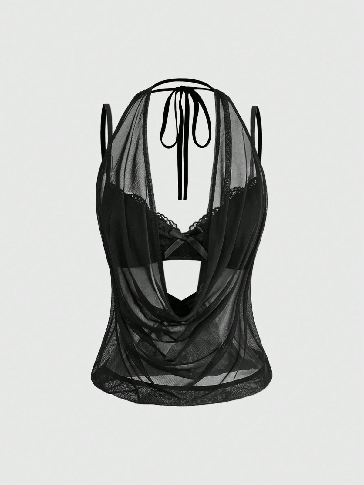 Women wearing a black draped backless halter crop top layered over a boned lace camisole.