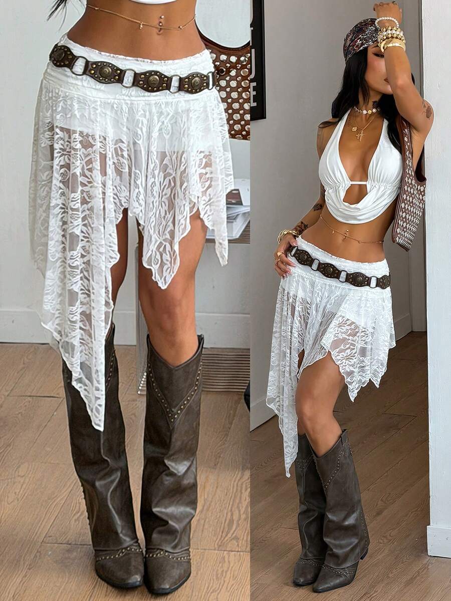Women's asymmetrical ruffle skort with low waist, hollow out details, and lined body in knitted stretch fabric for beach and summer wear.