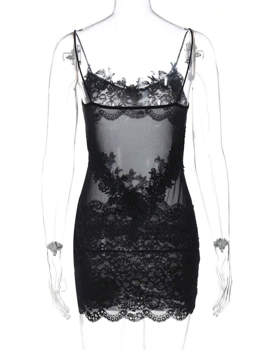 Women's black lace mesh cami mini dress with spaghetti straps and slim fit design