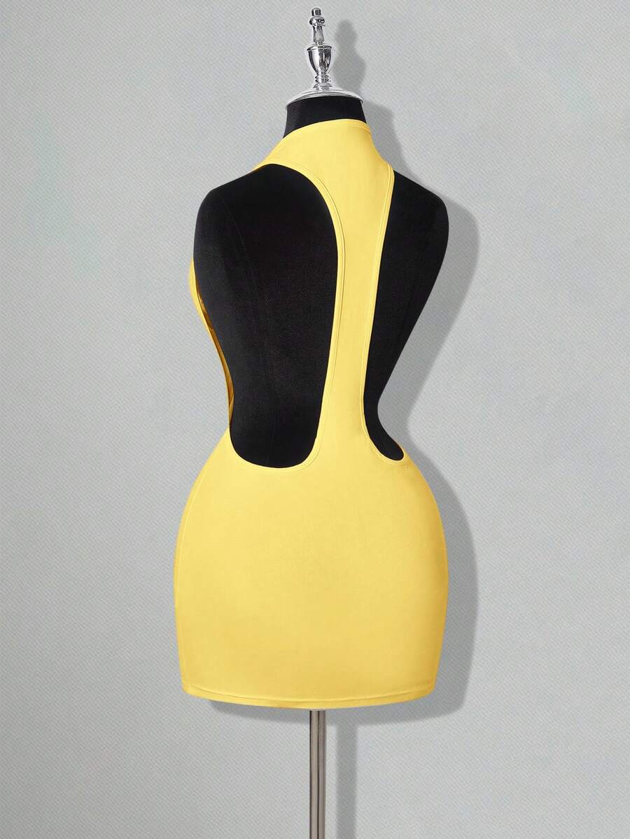 Apricot criss-cross backless bodycon mini dress for women featuring a round neck and rhinestone accent details.