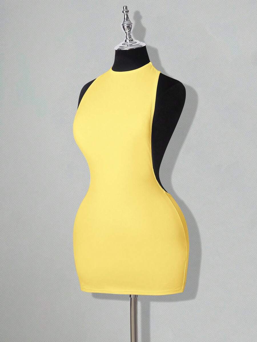 Apricot criss-cross backless bodycon mini dress for women featuring a round neck and rhinestone accent details.