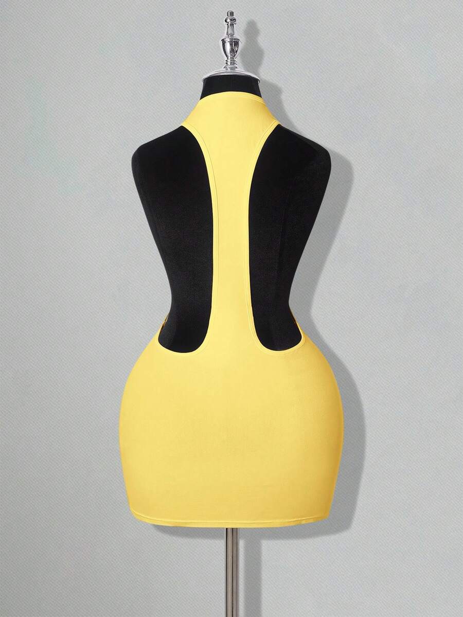 Apricot criss-cross backless bodycon mini dress for women featuring a round neck and rhinestone accent details.