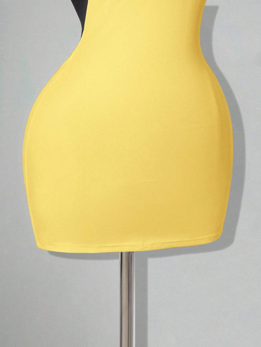 Apricot criss-cross backless bodycon mini dress for women featuring a round neck and rhinestone accent details.