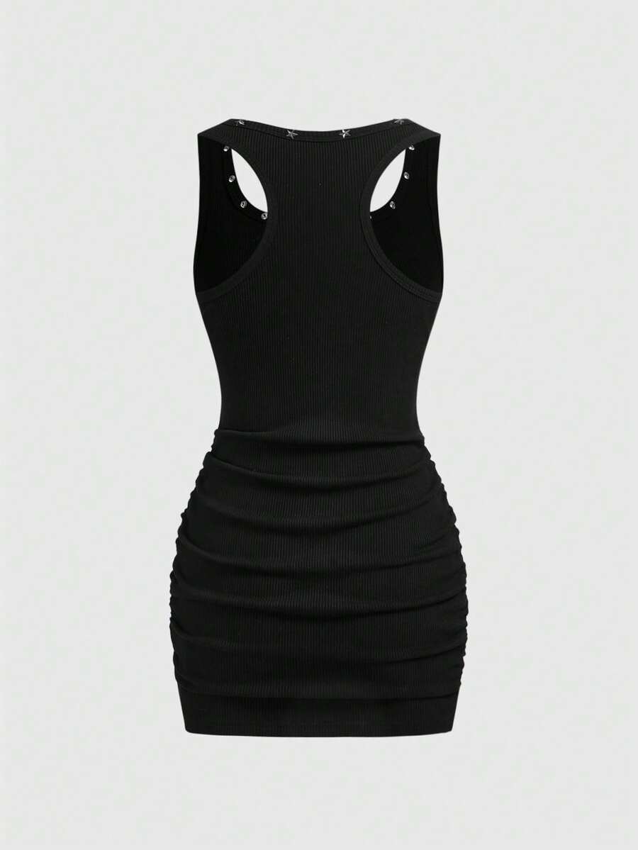 Army green short sleeve ruched bodycon mini dress for women featuring a scoop neckline and slim fit pencil hem.