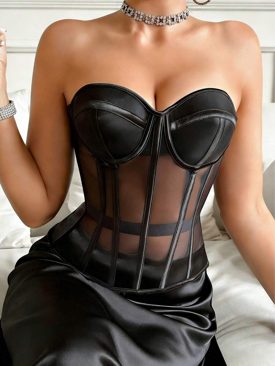 Beige strapless sheer mesh corset top for women featuring front boning, lace-up grommet eyelet detail, and push-up padded cups.