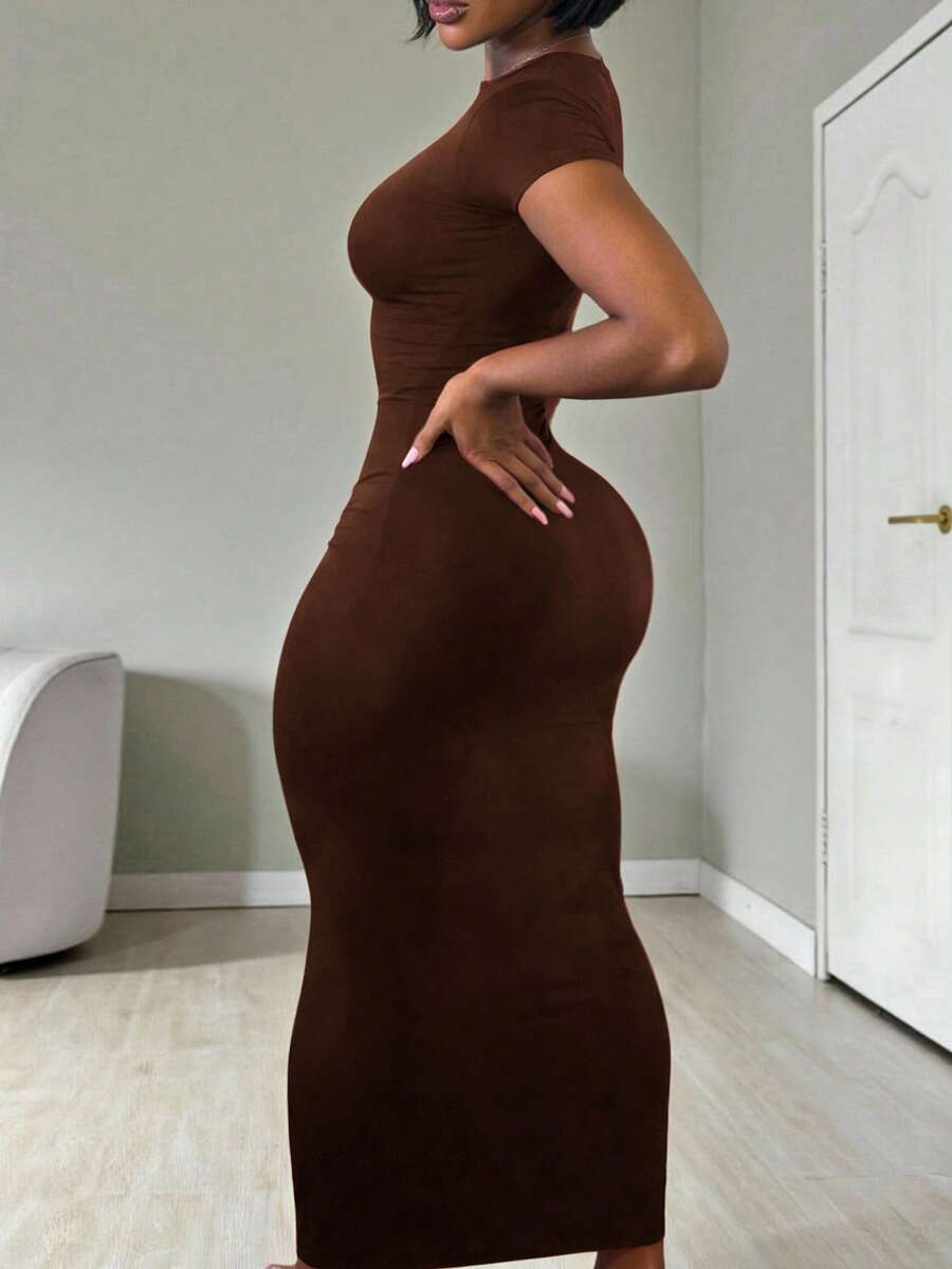 Women's apricot long bodycon dress with short sleeves, scoop neck, and side split hem.