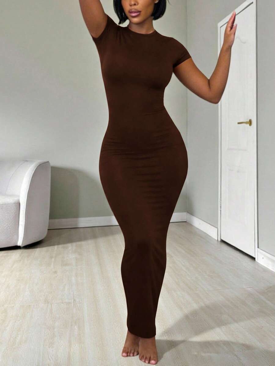 Women's apricot long bodycon dress with short sleeves, scoop neck, and side split hem.