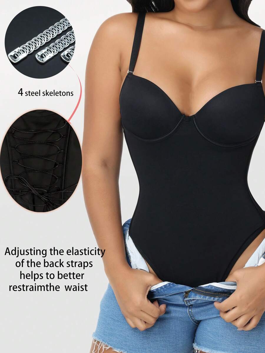 Black shapewear bodysuit for women featuring a built-in push-up bra, back tie, zipper closure, and Bermuda shorts length.