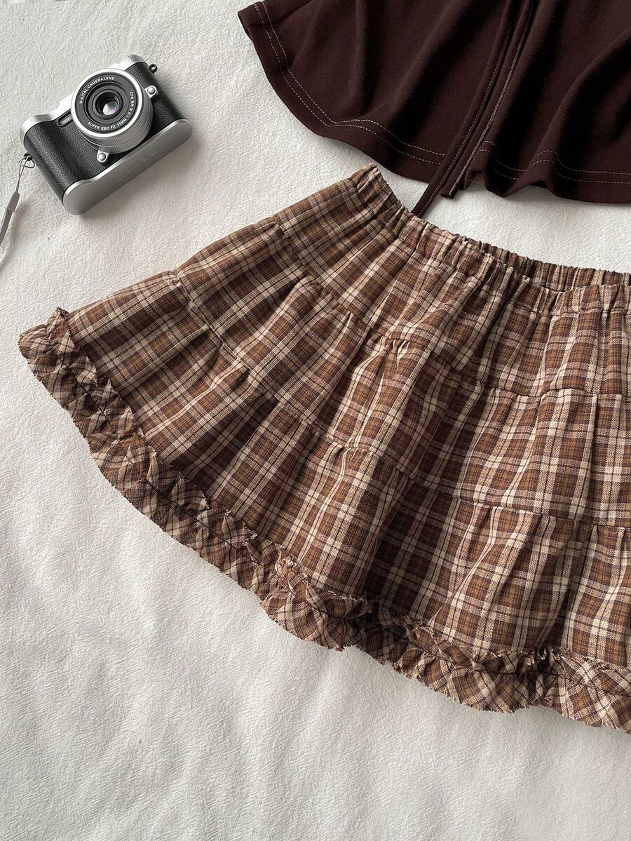 Black plain pleated frill trim low waist cotton skort for women