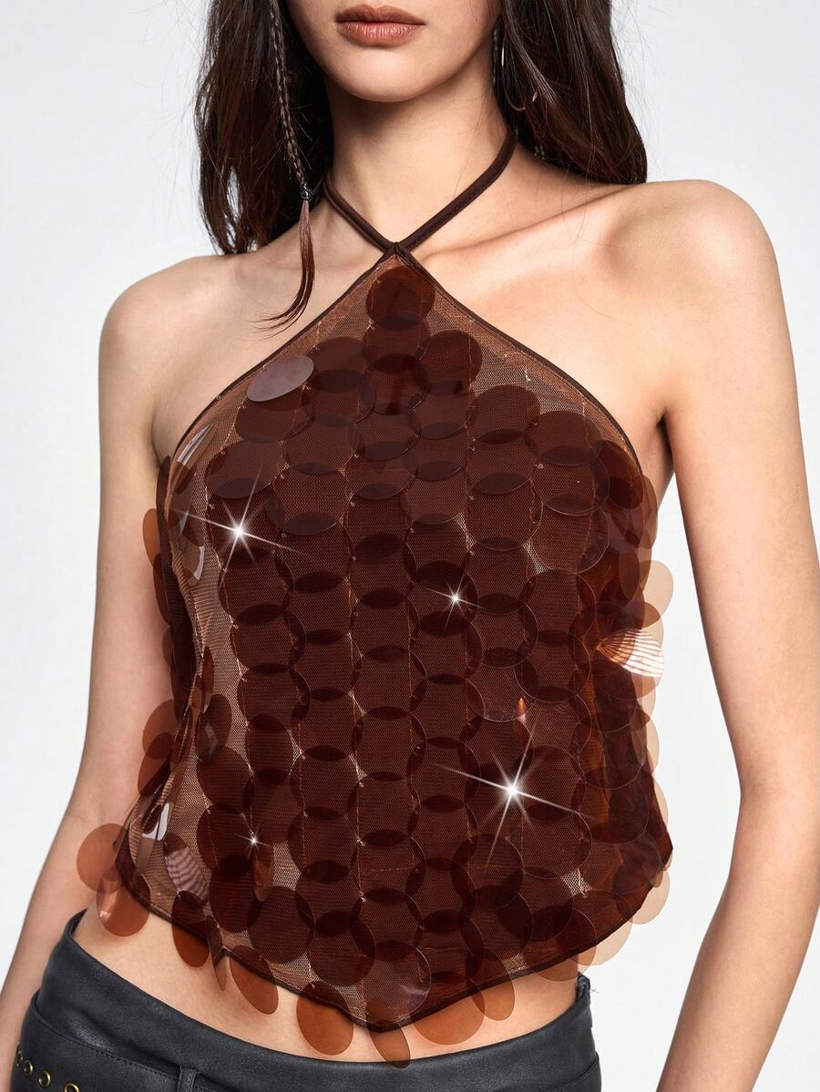 Brown sequin halter crop top with asymmetrical knot hem and backless design for women.