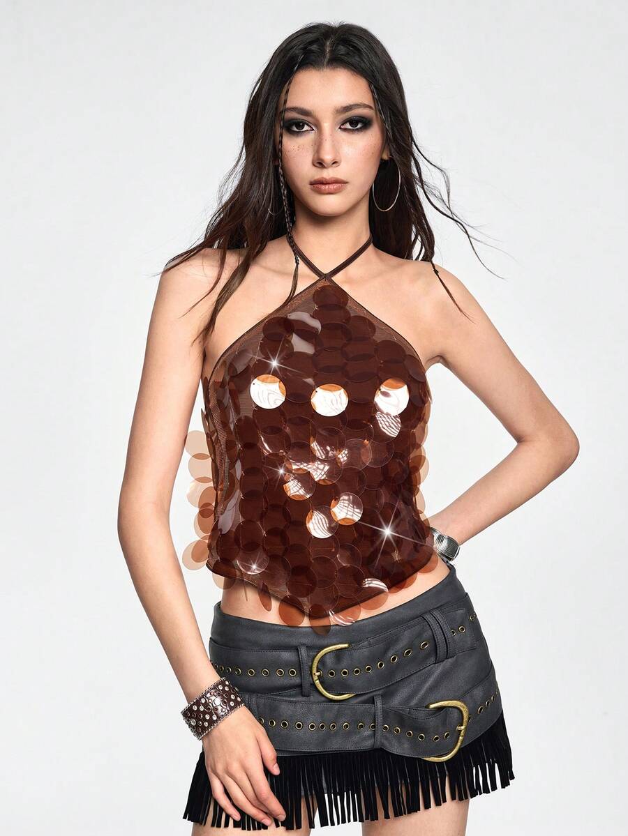 Brown sequin halter crop top with asymmetrical knot hem and backless design for women.