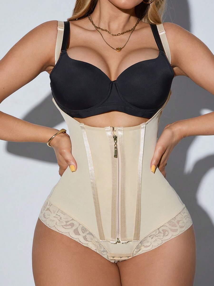 Women's postpartum shapewear bodysuit featuring strong tummy control, zipper front detail, and breathable mesh fabric.