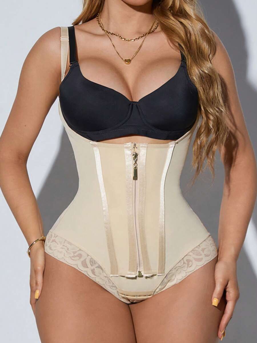 Women's postpartum shapewear bodysuit featuring strong tummy control, zipper front detail, and breathable mesh fabric.