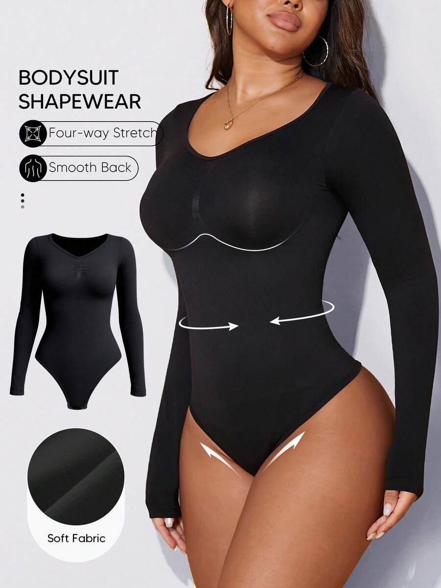 Women's long sleeve shapewear bodysuit featuring tummy control and waist training support