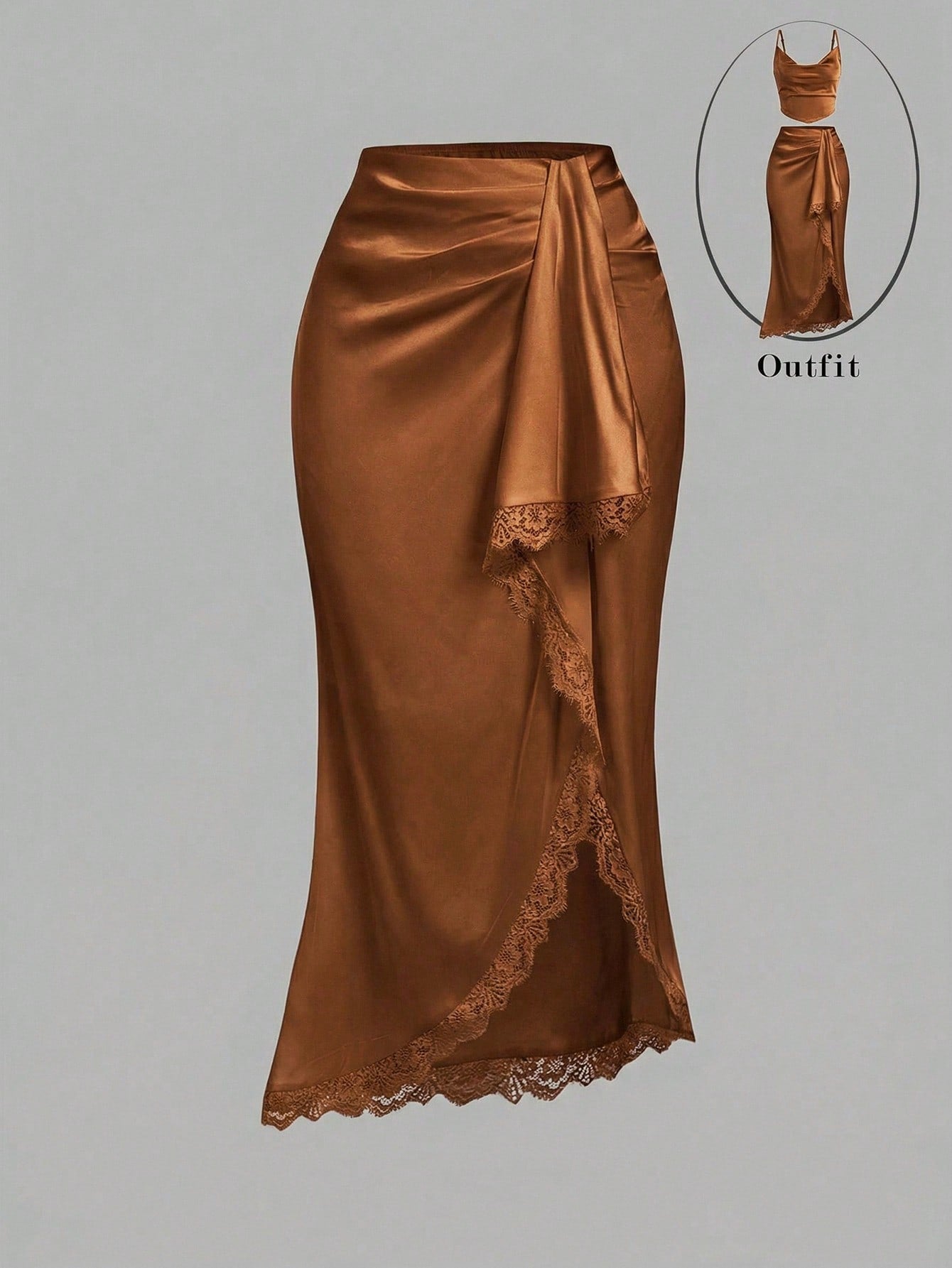 Women's elegant pink satin asymmetrical long skirt featuring contrast lace patchwork, ruched knot detailing, and a mid-waist mermaid cut.
