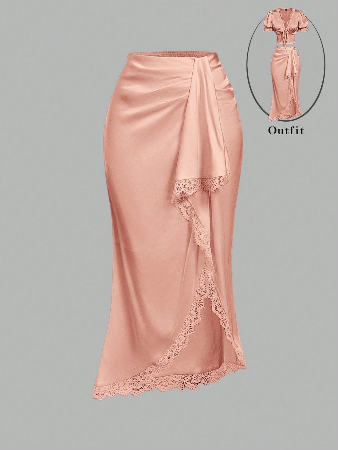 Women's elegant pink satin asymmetrical long skirt featuring contrast lace patchwork, ruched knot detailing, and a mid-waist mermaid cut.