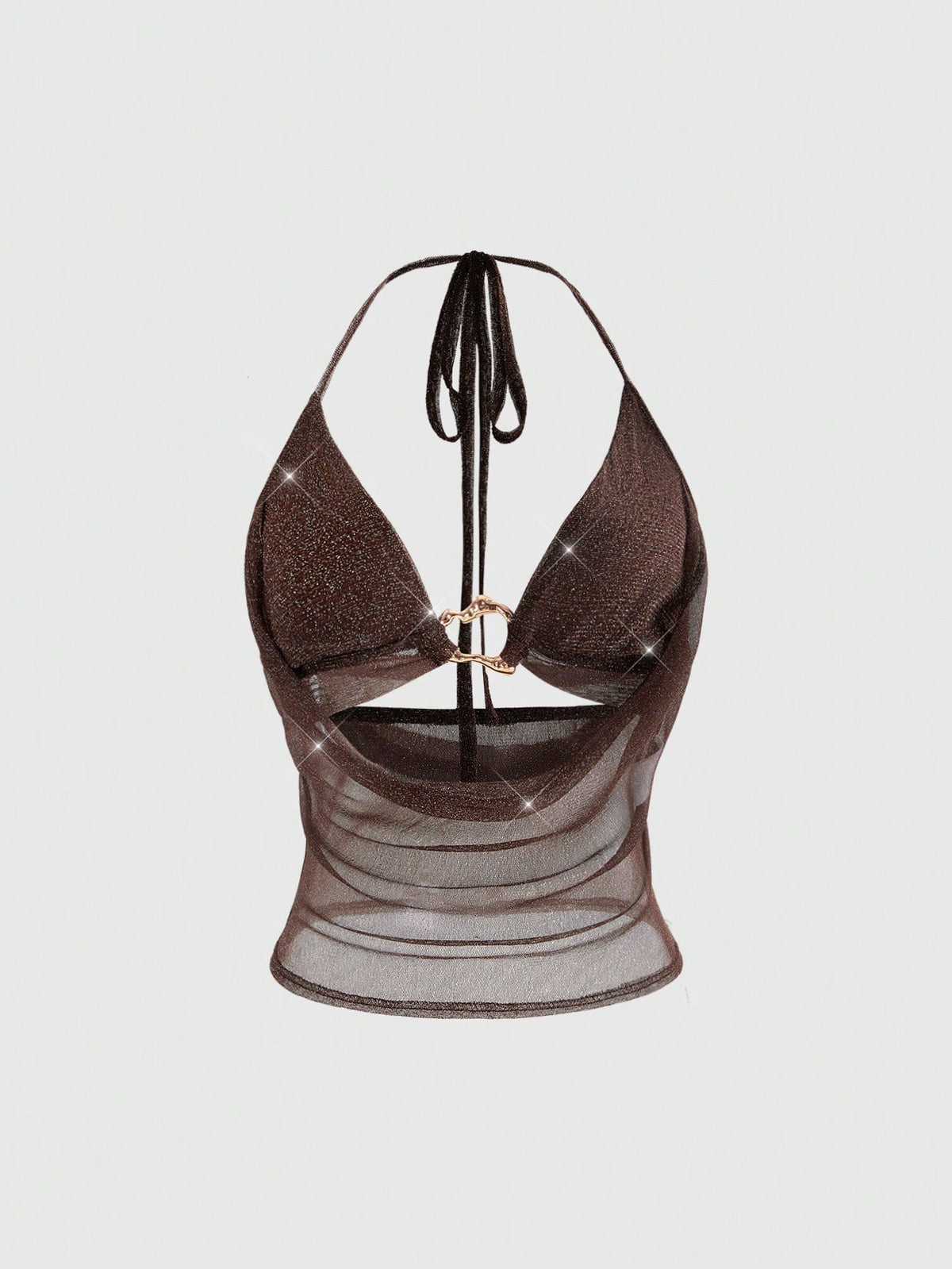 Women's glitter backless halter crop top with a draped neck and tie-up straps in metallic black knit fabric.