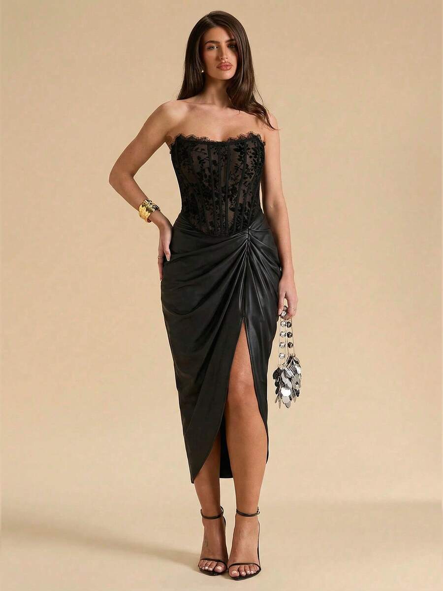 Women's strapless bustier crop top with contrast lace, lace-up detail, and an asymmetric hem in a slim-fit satin finish.