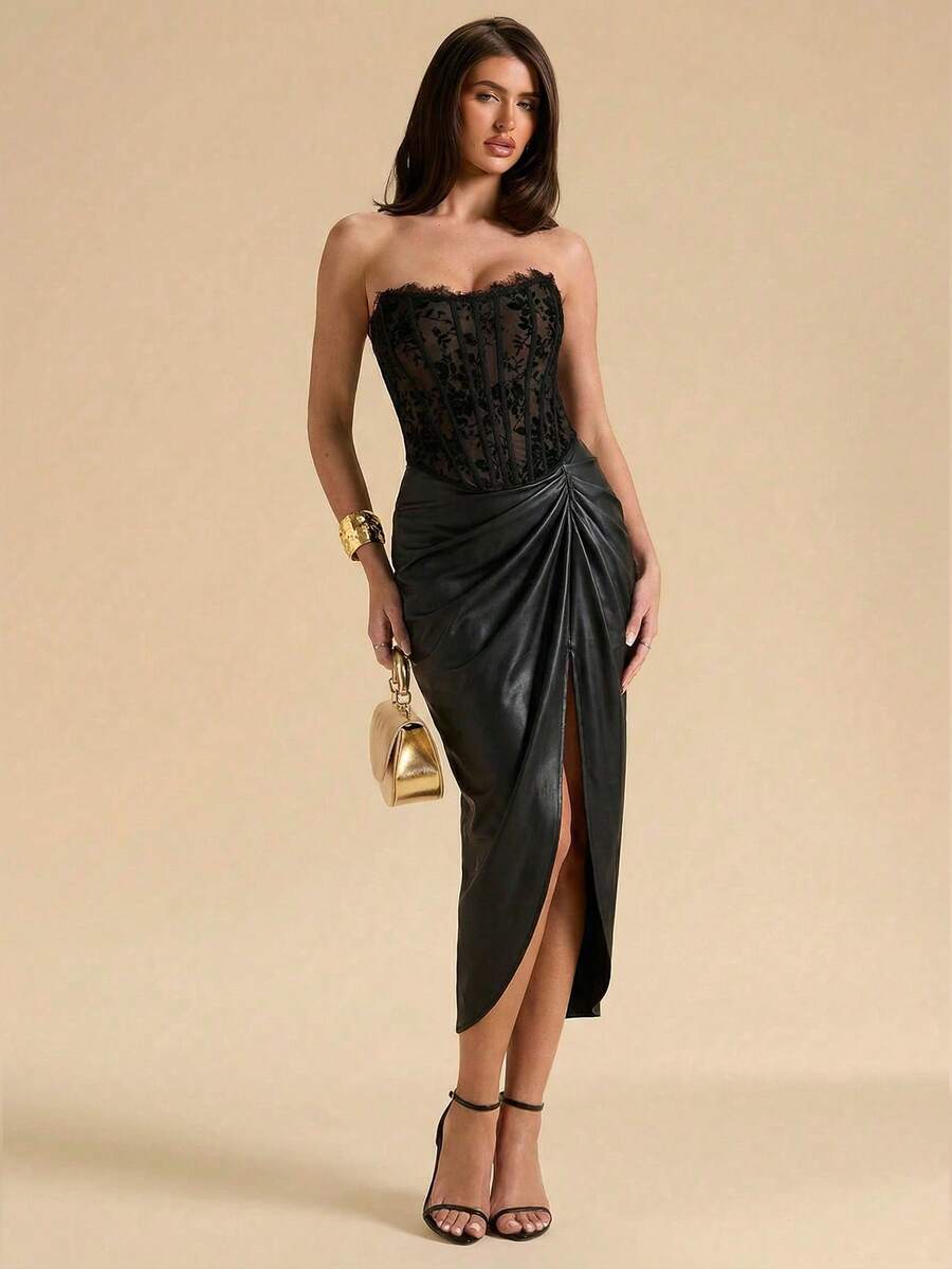 Women's strapless bustier crop top with contrast lace, lace-up detail, and an asymmetric hem in a slim-fit satin finish.