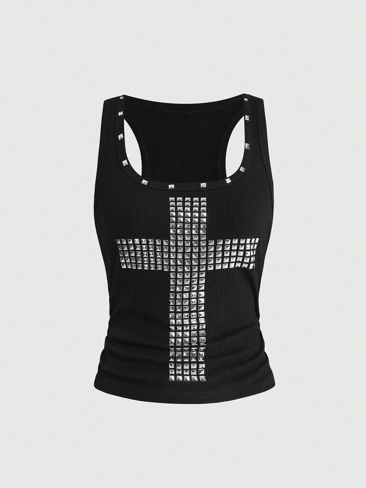 Women's black slim fit tank top featuring a starry sky rivet print and square neckline.