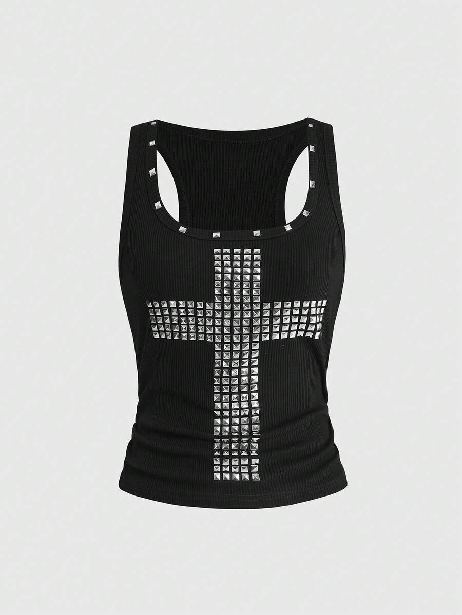Women's black slim fit tank top featuring a starry sky rivet print and square neckline.