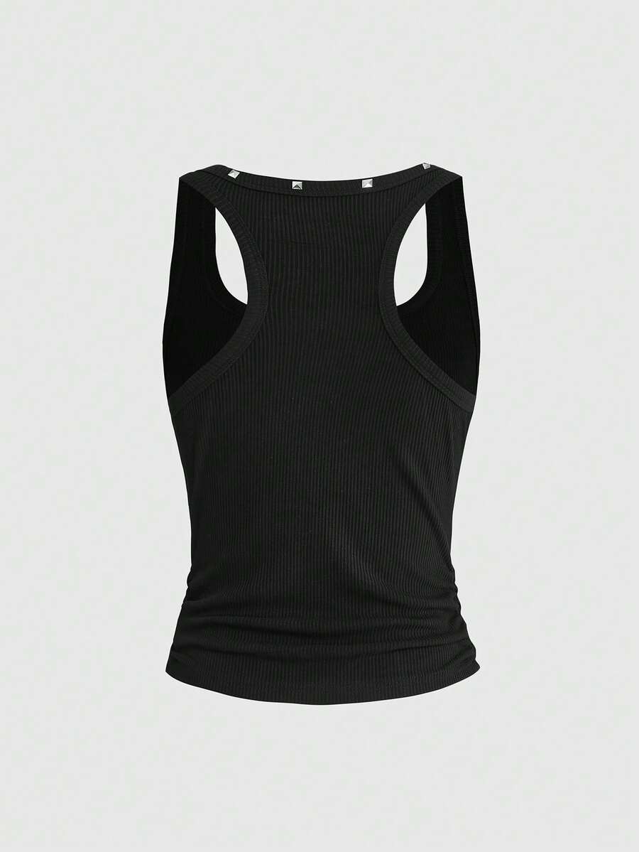 Women's black slim fit tank top featuring a starry sky rivet print and square neckline.
