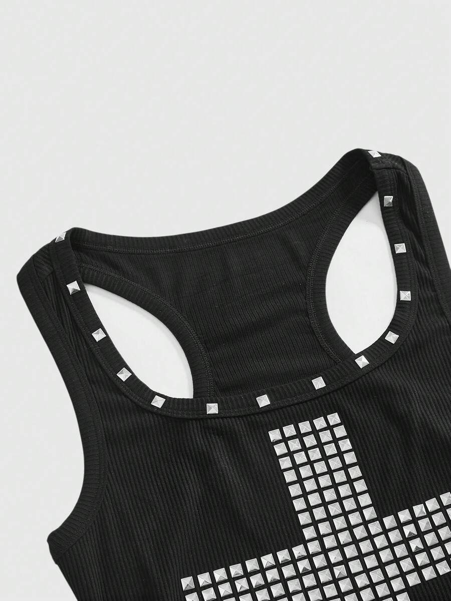 Women's black slim fit tank top featuring a starry sky rivet print and square neckline.