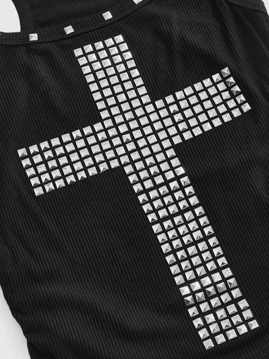 Women's black slim fit tank top featuring a starry sky rivet print and square neckline.