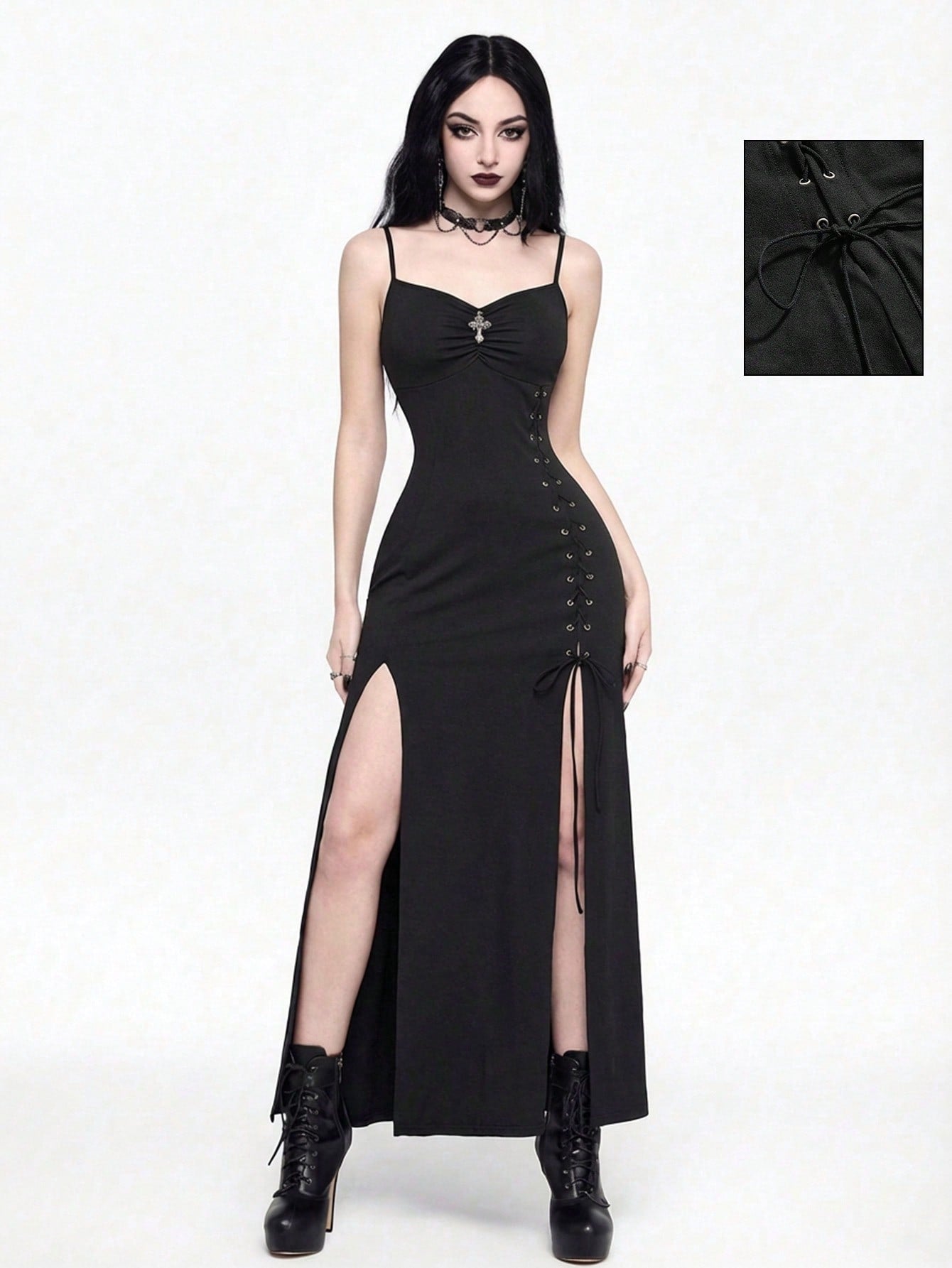 Black gothic bodycon slip dress featuring spaghetti straps, lace-up grommet eyelet accents, and a high split thigh hem.