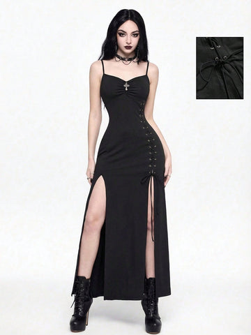 Black gothic bodycon slip dress featuring spaghetti straps, lace-up grommet eyelet accents, and a high split thigh hem.