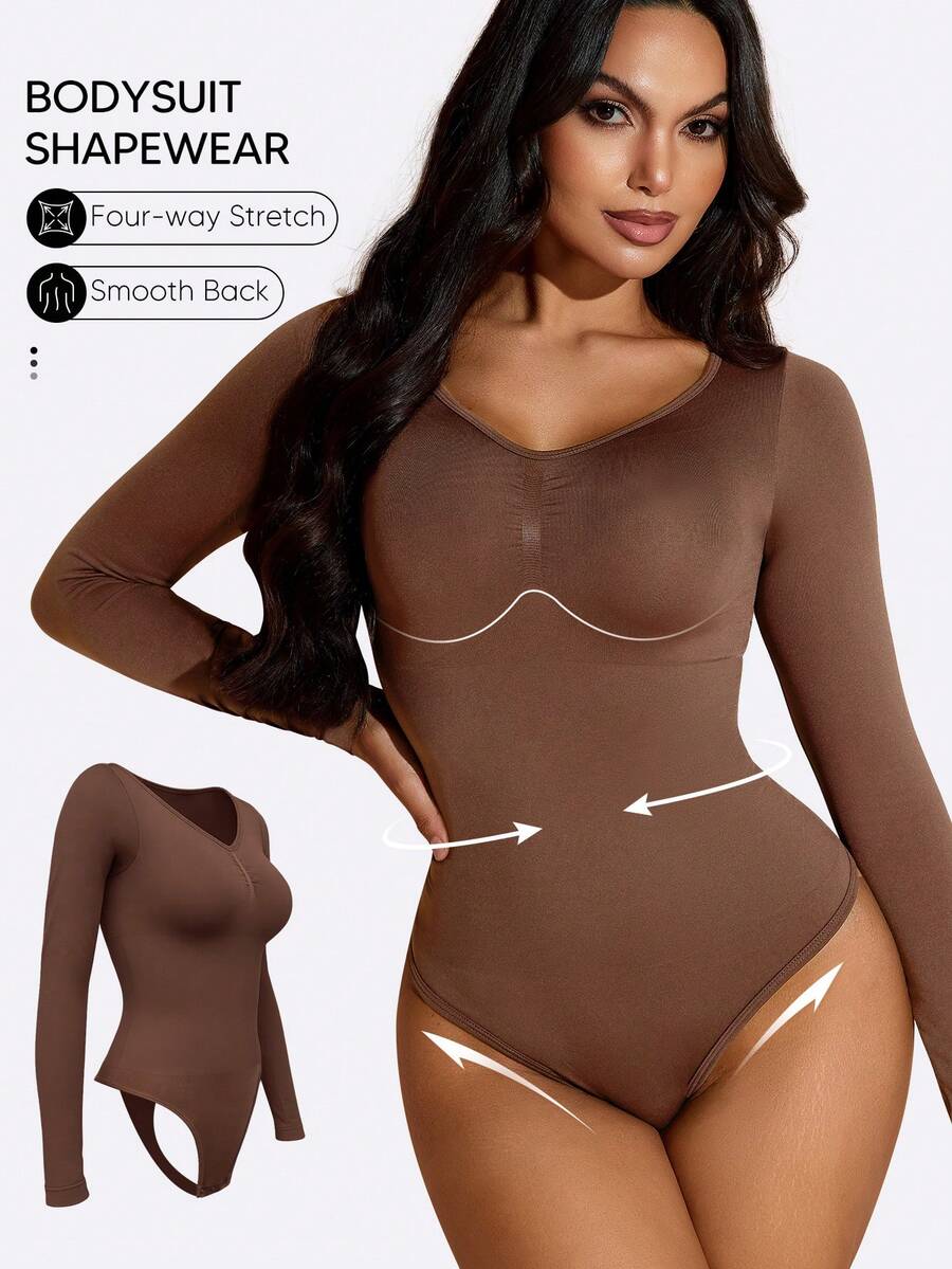 Women's long sleeve shapewear bodysuit featuring tummy control and waist training support