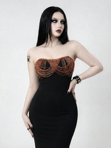 Black strapless bodycon maxi dress featuring a backless design, split thigh, and matching long arm sleeves.