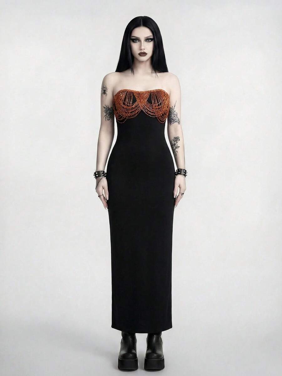 Black strapless bodycon maxi dress featuring a backless design, split thigh, and matching long arm sleeves.