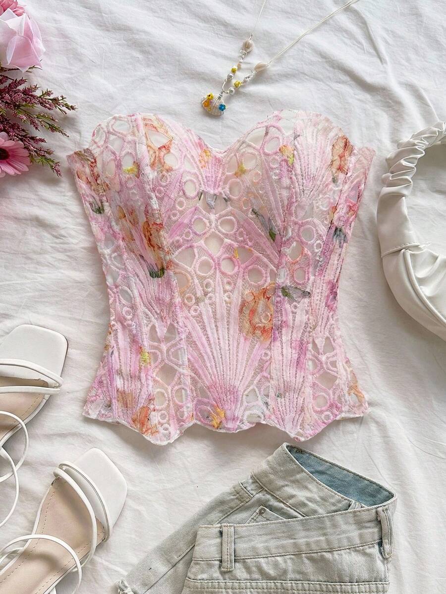 Strapless floral lace corset top with lace-up detail, asymmetrical hem, and slim fit for women.