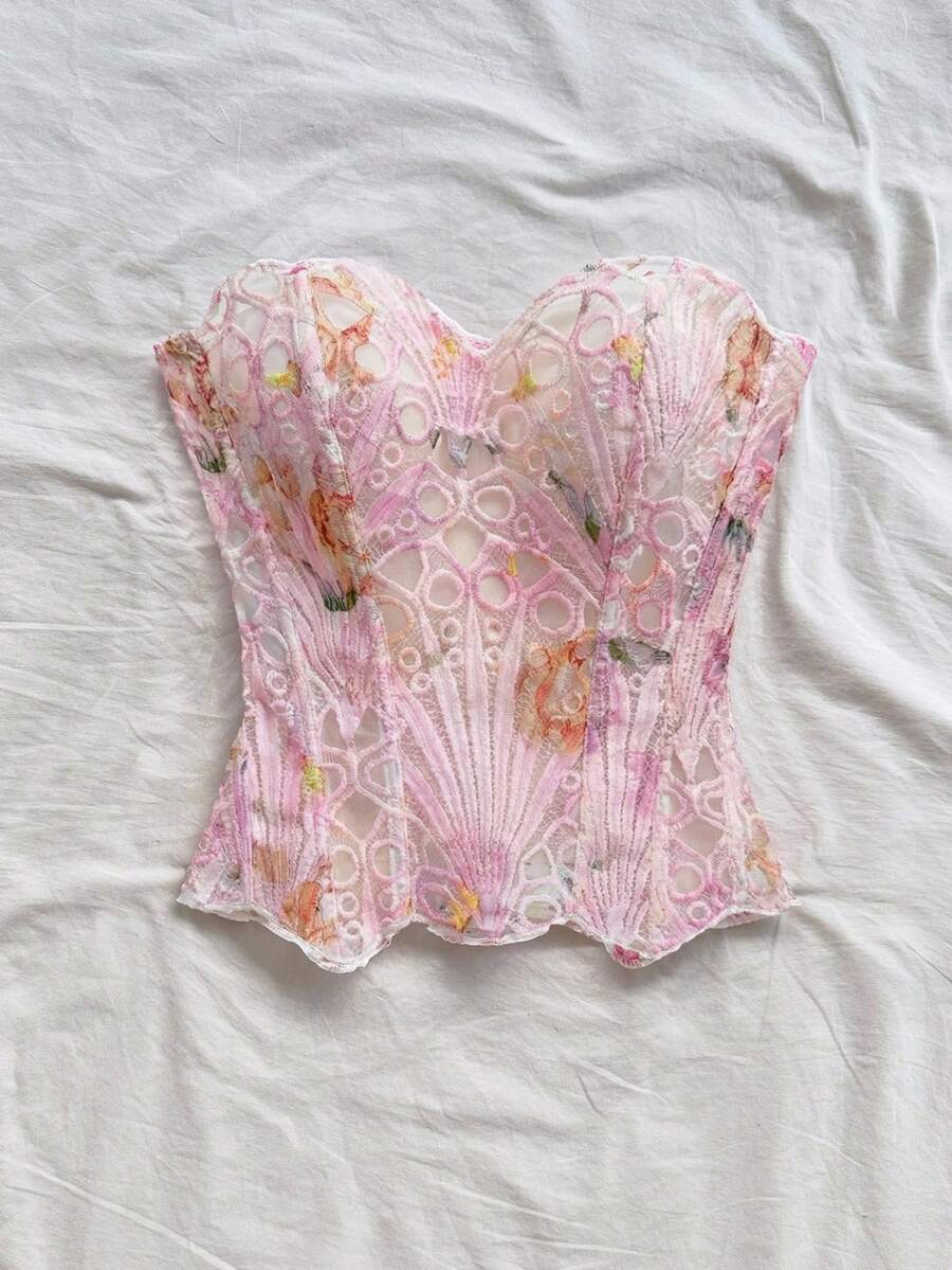Strapless floral lace corset top with lace-up detail, asymmetrical hem, and slim fit for women.