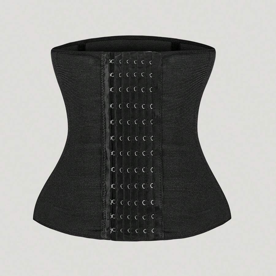Black women's waist-cinching shaping belt with adjustable multi-row buckle closure and high-stretch fabric.