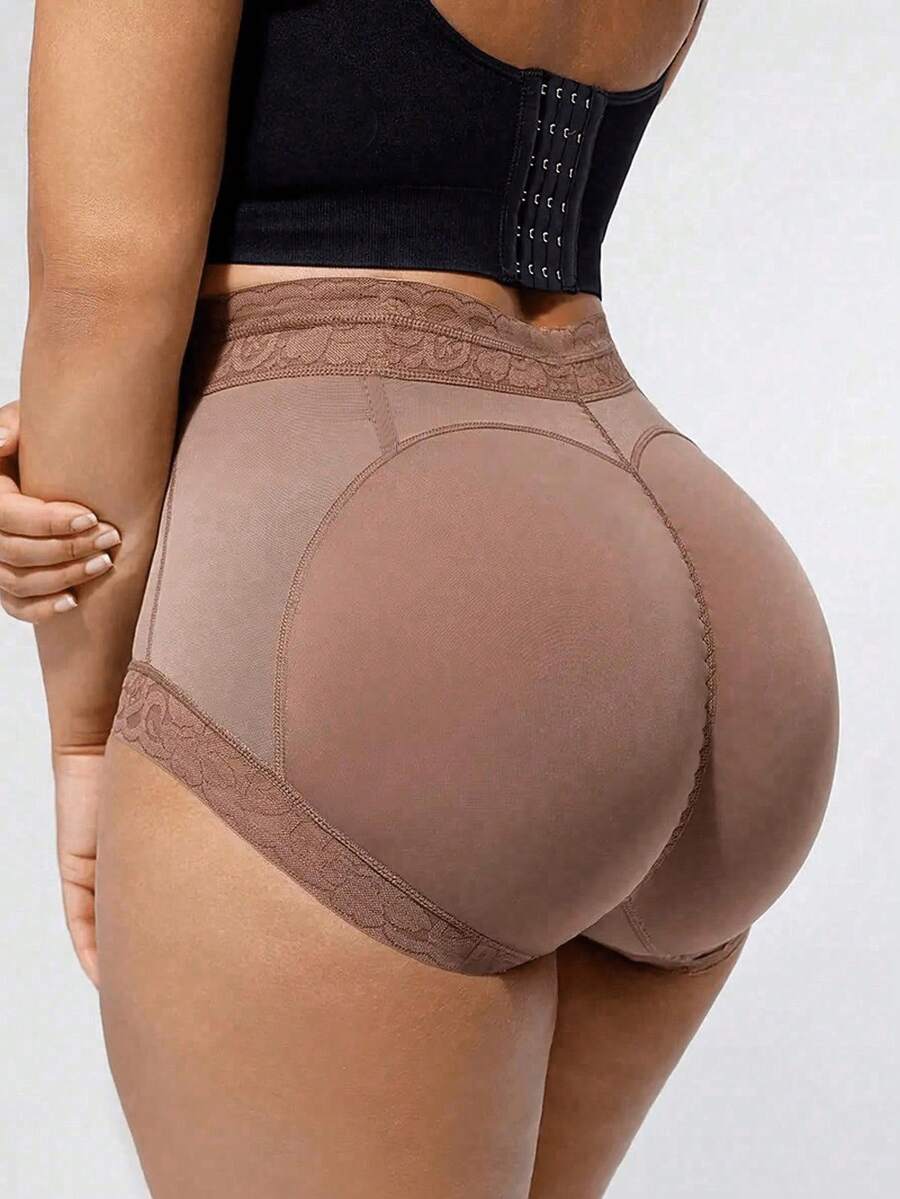 Dusty purple anti-rollover shapewear shorts for women featuring a non-slip silicone waistband and contrast lace trim for tummy and waist control.